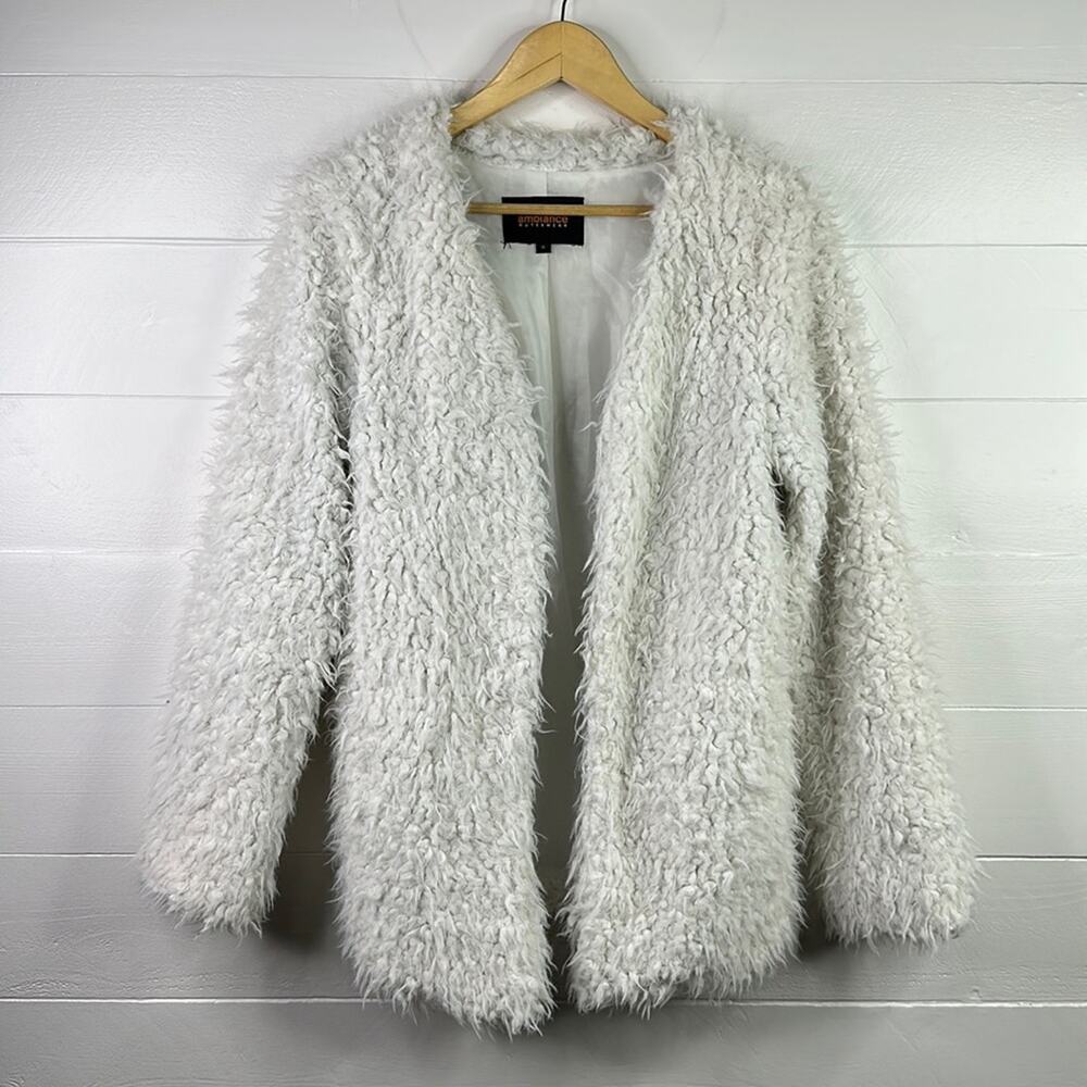 AMBIANCE OUTERWEAR White‎ Teddy Sherpa Polyester Overcoat Jacket Size Medium